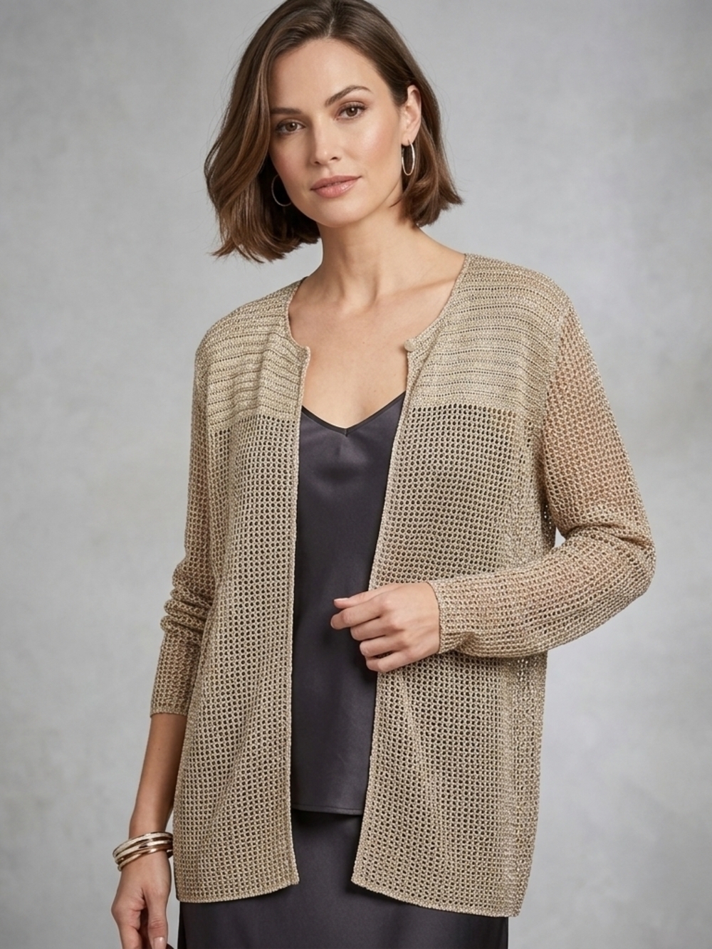 Vanity Fair Open-Weave Cardigan in Beige 1X Fits More Like A Large